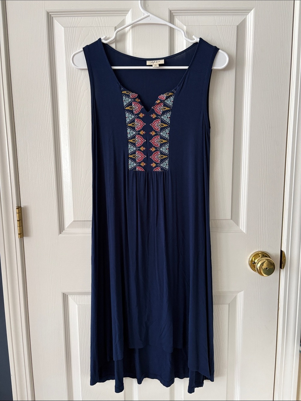 Style & Co. Navy Sleeveless High-Low Dress with Embroidered Yoke